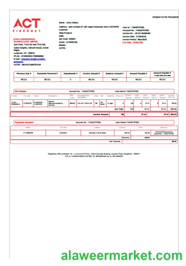 India ACT Fibernet utility bill template in Word and PDF formats